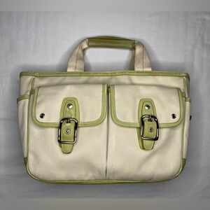 Coach Hampton Tote Bag Off White Twill Apple Green Leather Trim Top Handle